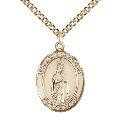 Our Lady of Fatima 14kt Gold Oval Medal Pendant with 14kt Gold Chain, Measures 1-inch tall by 3/4-inch wide. Deluxe Gift Box, Bliss Manufacturing