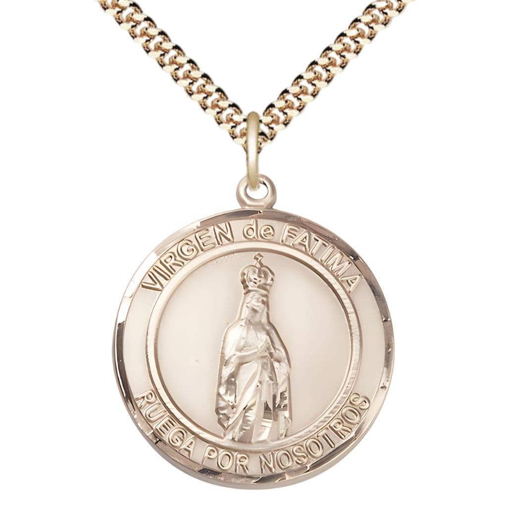 Bliss Spanish Virgen de Fatimas 14kt Gold-filled Round Medal Pendant with Gold-plated Chain, Measures 1-inch tall by 7/8-inch wide. Deluxe Gift Box.
