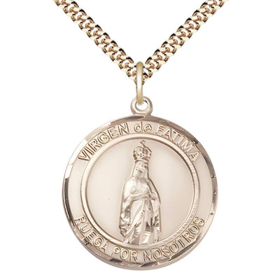 Spanish Virgen de Fatimas 14kt Gold-filled Round Medal Pendant with Gold-plated Chain, Measures 1-inch tall by 7/8-inch wide. Deluxe Gift Box, Bliss Manufacturing