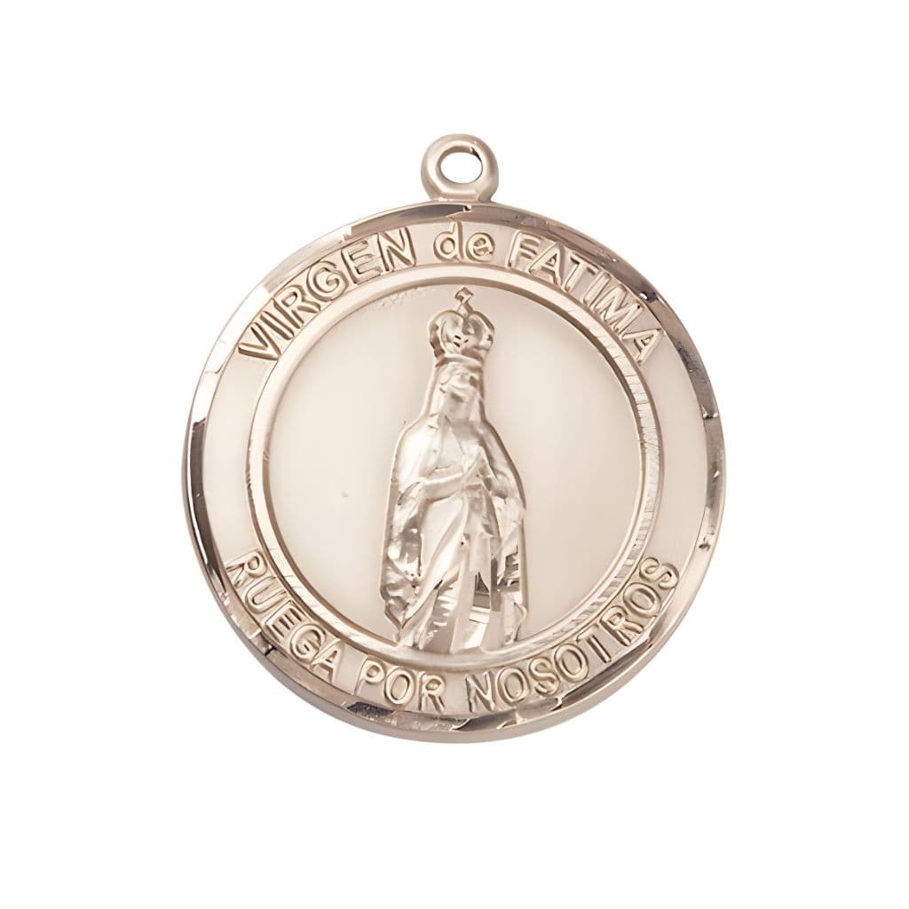 Bliss Spanish Virgen de Fatimas 14kt Gold Round Medal Pendant, Measures 1-inch tall by 7/8-inch wide. Deluxe Gift Box.