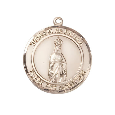 Spanish Virgen de Fatimas 14kt Gold Round Medal Pendant, Measures 1-inch tall by 7/8-inch wide. Deluxe Gift Box, Bliss Manufacturing
