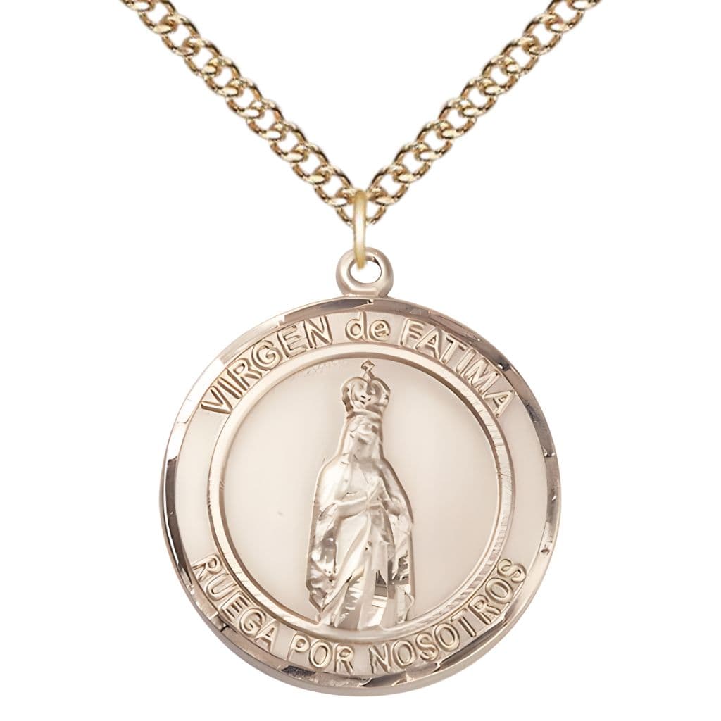 Bliss Spanish Virgen de Fatimas 14kt Gold Round Medal Pendant with 14kt Gold Chain, Measures 1-inch tall by 7/8-inch wide. Deluxe Gift Box.