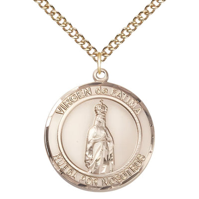 Spanish Virgen de Fatimas 14kt Gold Round Medal Pendant with 14kt Gold Chain, Measures 1-inch tall by 7/8-inch wide. Deluxe Gift Box, Bliss Manufacturing