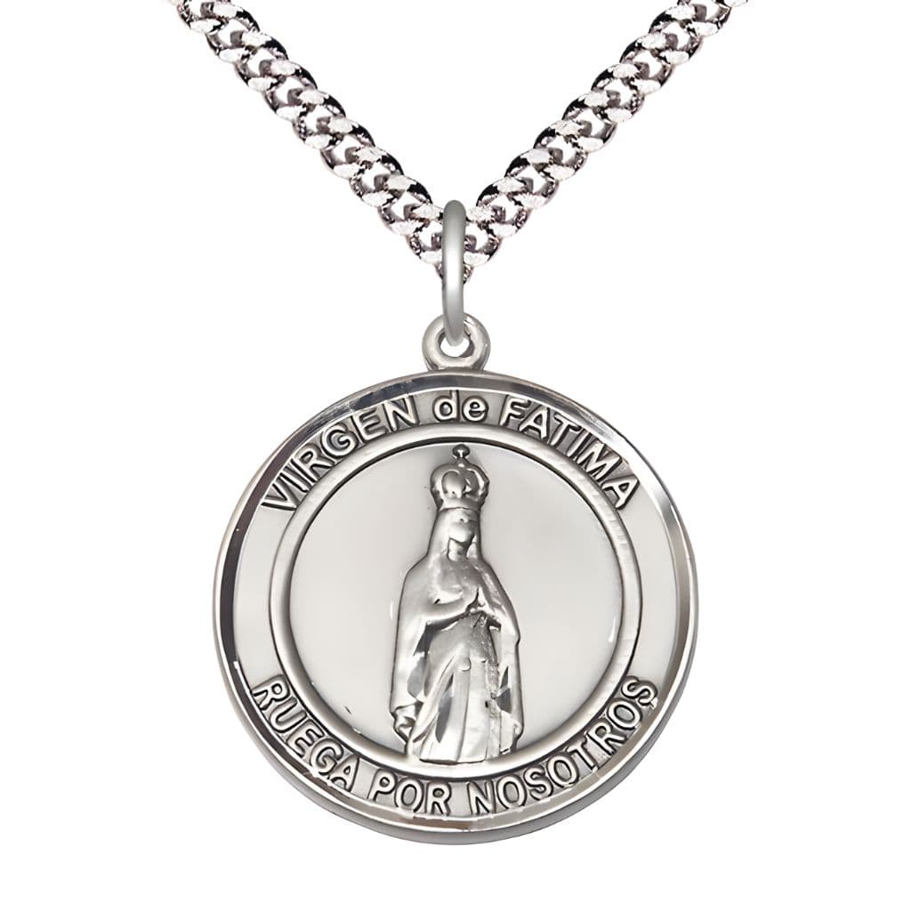 Bliss Spanish Virgen de Fatimas Pewter Round Medal Pendant with Rhodium-plated Chain, Measures 1-inch tall by 7/8-inch wide. Deluxe Gift Box.