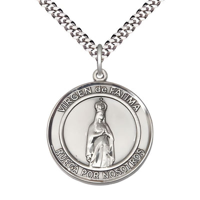 Spanish Virgen de Fatimas Pewter Round Medal Pendant with Rhodium-plated Chain, Measures 1-inch tall by 7/8-inch wide. Deluxe Gift Box, Bliss Manufacturing