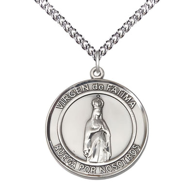 Spanish Virgen de Fatimas Sterling Silver Round Medal Pendant with Sterling Silver Chain, Measures 1-inch tall by 7/8-inch wide. Deluxe Gift Box, Bliss Manufacturing