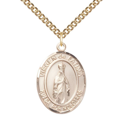 Spanish Virgen de Fatima, Our Lady of Fatima 14kt Gold-filled Oval Medal Pendant with Gold-filled Chain, Measures 1-inch tall by 3/4-inch wide. Deluxe Gift Box, Bliss Manufacturing