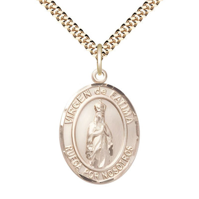 Spanish Virgen de Fatima, Our Lady of Fatima 14kt Gold-filled Oval Medal Pendant with Gold-plated Chain, Measures 1-inch tall by 3/4-inch wide. Deluxe Gift Box, Bliss Manufacturing