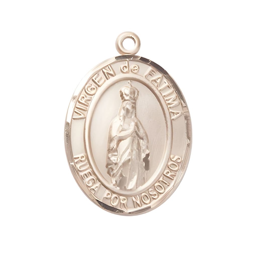 Bliss Spanish Virgen de Fatima 14kt Gold Oval Medal Pendant, Measures 1-inch tall by 3/4-inch wide. Deluxe Gift Box.