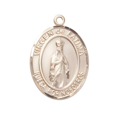 Spanish Virgen de Fatima 14kt Gold Oval Medal Pendant, Measures 1-inch tall by 3/4-inch wide. Deluxe Gift Box, Bliss Manufacturing