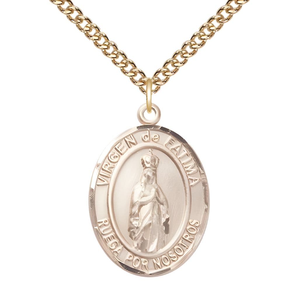 Bliss Spanish Virgen de Fatima 14kt Gold Oval Medal Pendant with 14kt Gold Chain, Measures 1-inch tall by 3/4-inch wide. Deluxe Gift Box.