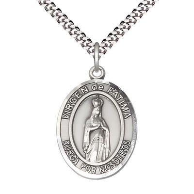 Spanish Virgen de Fatima Pewter Oval Medal Pendant with Rhodium-plated Chain, Measures 1-inch tall by 3/4-inch wide. Deluxe Gift Box, Bliss Manufacturing