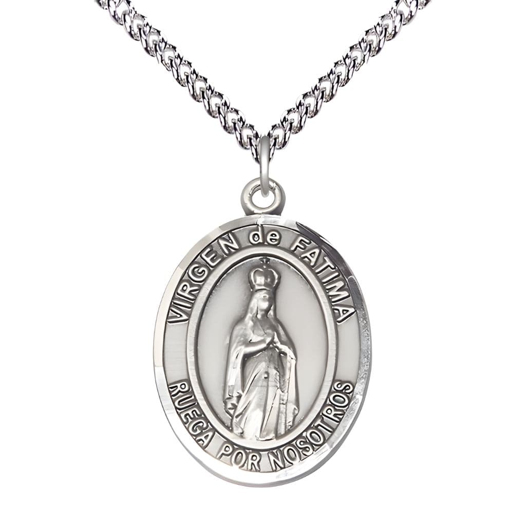 Bliss Spanish Virgen de Fatima Sterling Silver Oval Medal Pendant with Sterling Silver Chain, Measures 1-inch tall by 3/4-inch wide. Deluxe Gift Box.