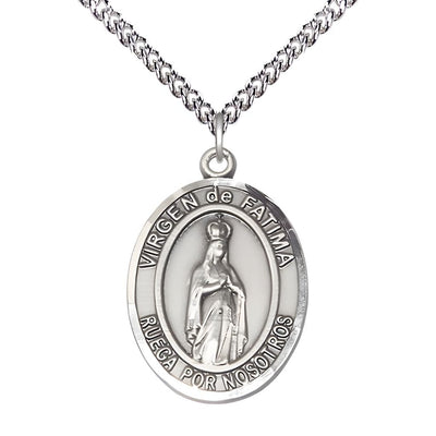 Spanish Virgen de Fatima Sterling Silver Oval Medal Pendant with Sterling Silver Chain, Measures 1-inch tall by 3/4-inch wide. Deluxe Gift Box, Bliss Manufacturing