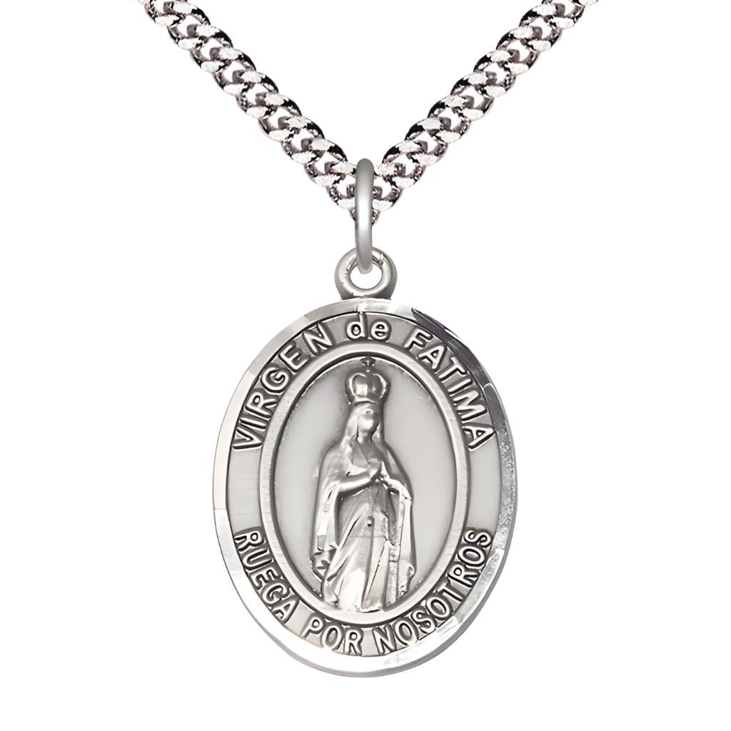 Bliss Spanish Virgen de Fatima Sterling Silver Oval Medal Pendant with Rhodium-plated Chain, Measures 1-inch tall by 3/4-inch wide. Deluxe Gift Box.