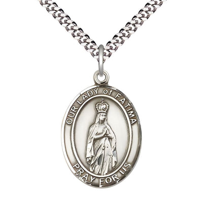 Our Lady of Fatima Sterling Silver Oval Medal Pendant with Rhodium-plated Chain, Measures 1-inch tall by 3/4-inch wide. Deluxe Gift Box, Bliss Manufacturing
