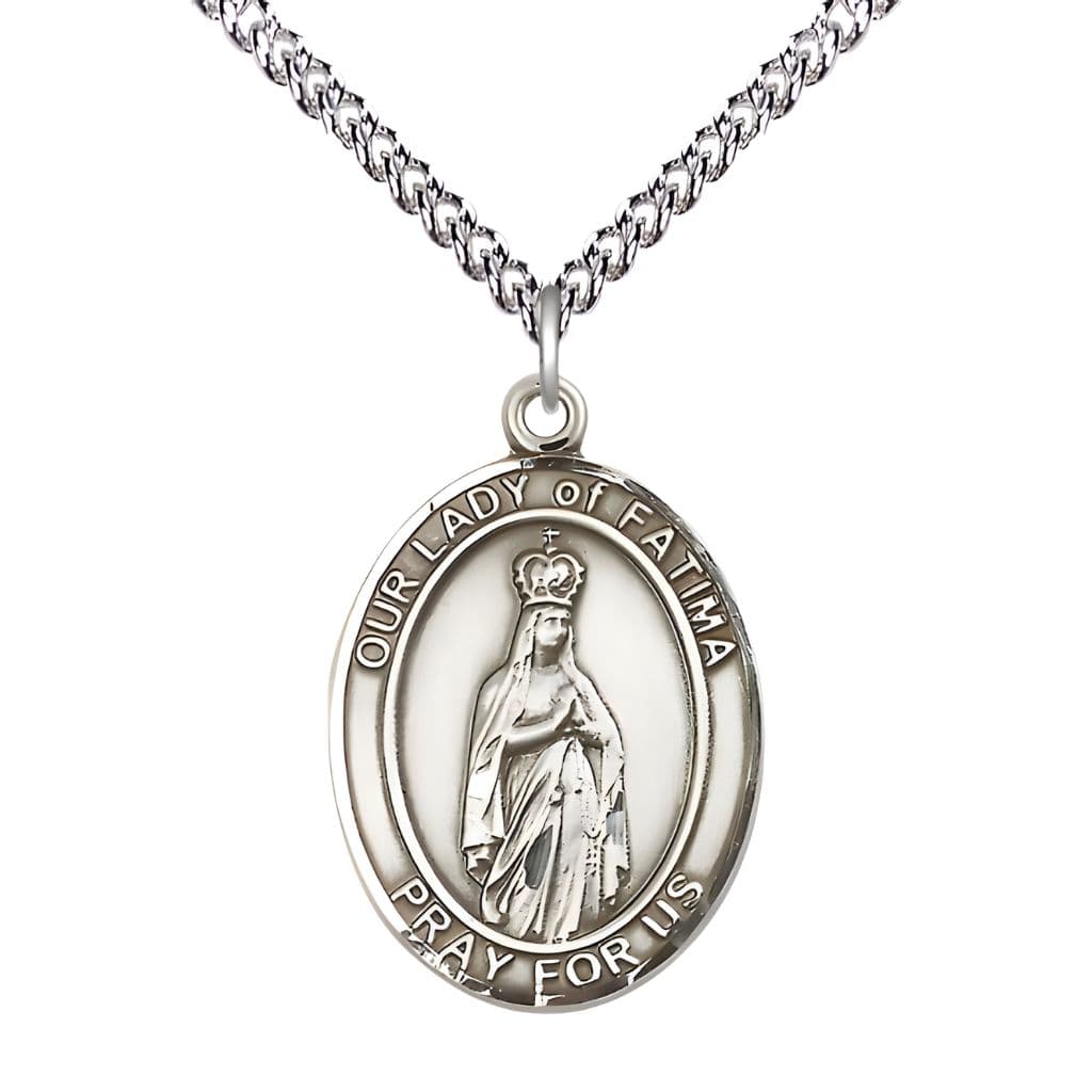 Bliss Our Lady of Fatima Sterling Silver Oval Medal Pendant with Sterling Silver Chain, Measures 1-inch tall by 3/4-inch wide. Deluxe Gift Box.