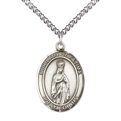 Our Lady of Fatima Sterling Silver Oval Medal Pendant with Sterling Silver Chain, Measures 1-inch tall by 3/4-inch wide. Deluxe Gift Box, Bliss Manufacturing