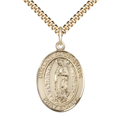 Our Lady of Guadalupe 14kt Gold-filled Oval Medal Pendant with Gold-plated Chain, Measures 1-inch tall by 3/4-inch wide, Bliss Manufacturing