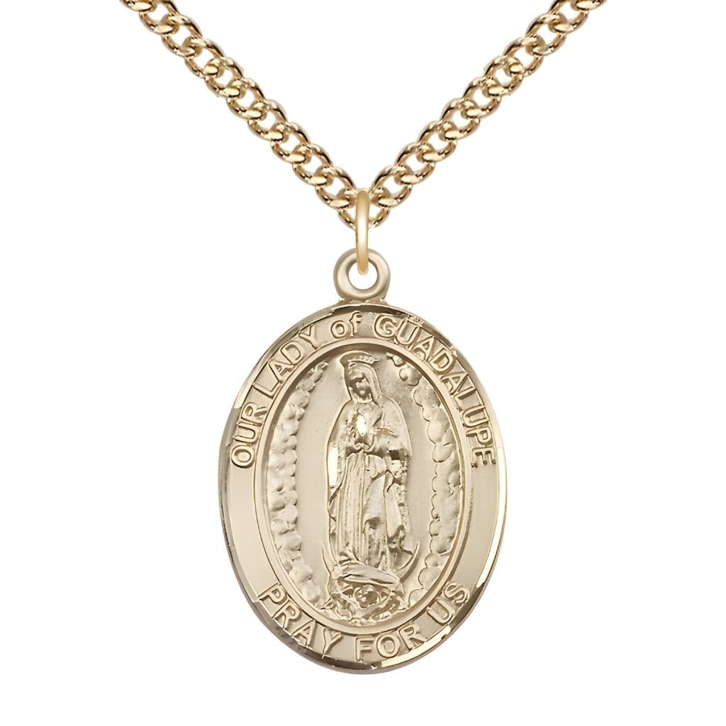 Bliss Our Lady of Guadalupe 14kt Gold-filled Oval Medal Pendant with Gold-filled Chain, Measures 1-inch tall by 3/4-inch wide.