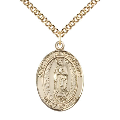 Our Lady of Guadalupe 14kt Gold-filled Oval Medal Pendant with Gold-filled Chain, Measures 1-inch tall by 3/4-inch wide, Bliss Manufacturing