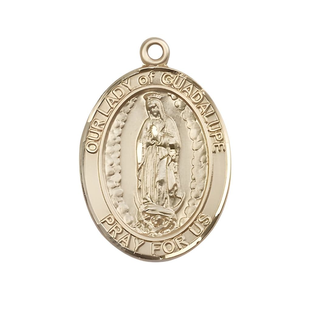 Bliss Our Lady of Guadalupe 14kt Gold Oval Medal Pendant, Measures 1-inch tall by 3/4-inch wide.