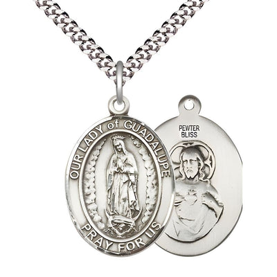 Our Lady of Guadalupe Pewter Oval Medal Pendant with Rhodium-plated Chain, Measures 1-inch tall by 3/4-inch wide, Bliss Manufacturing