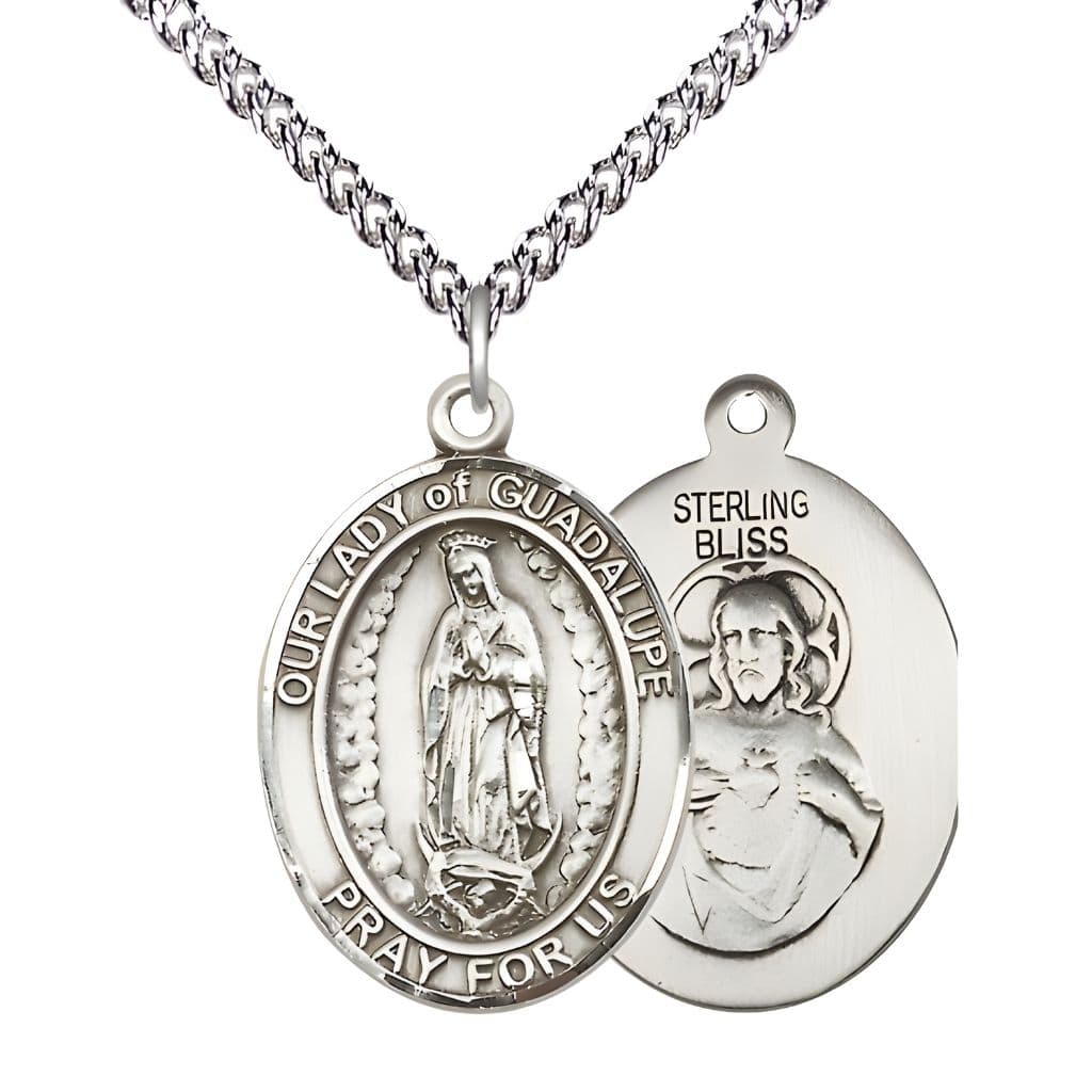 Bliss Our Lady of Guadalupe Sterling Silver Oval Medal Pendant with Sterling Chain, Measures 1-inch tall by 3/4-inch wide.
