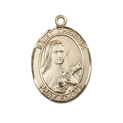 St. Therese of Lisieux 14kt Gold Oval Medal Pendant, Measures 1-inch tall by 3/4-inch wide, Bliss Manufacturing