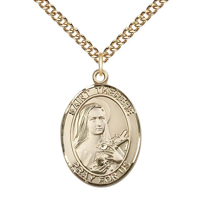 St. Therese of Lisieux 14kt Gold Oval Medal Pendant with 14kt Gold Chain, Measures 1-inch tall by 3/4-inch wide, Bliss Manufacturing