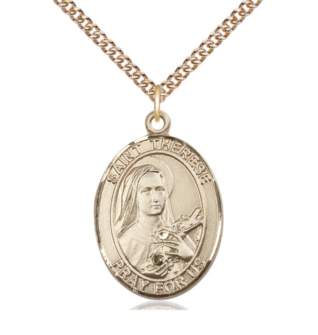 Large Bliss 14kt Gold St Therese of Lisieux Pendant on a 20 inch 14kt Gold Heavy Curb Chain,