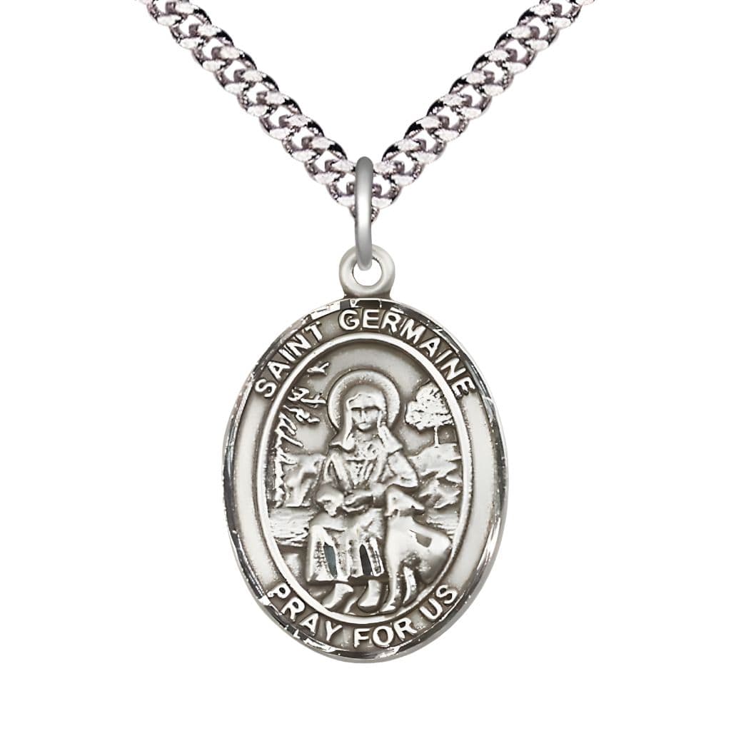 Large St Germaine Cousin Sterling Silver Oval Medal Necklace with Plated Chain, Bliss Manufacturing