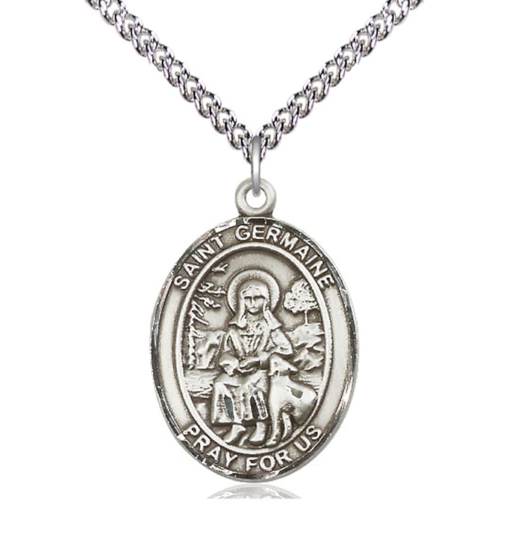 Bliss Large St Germaine Cousin Sterling Silver Oval Medal Necklace with Sterling Silver Chain,