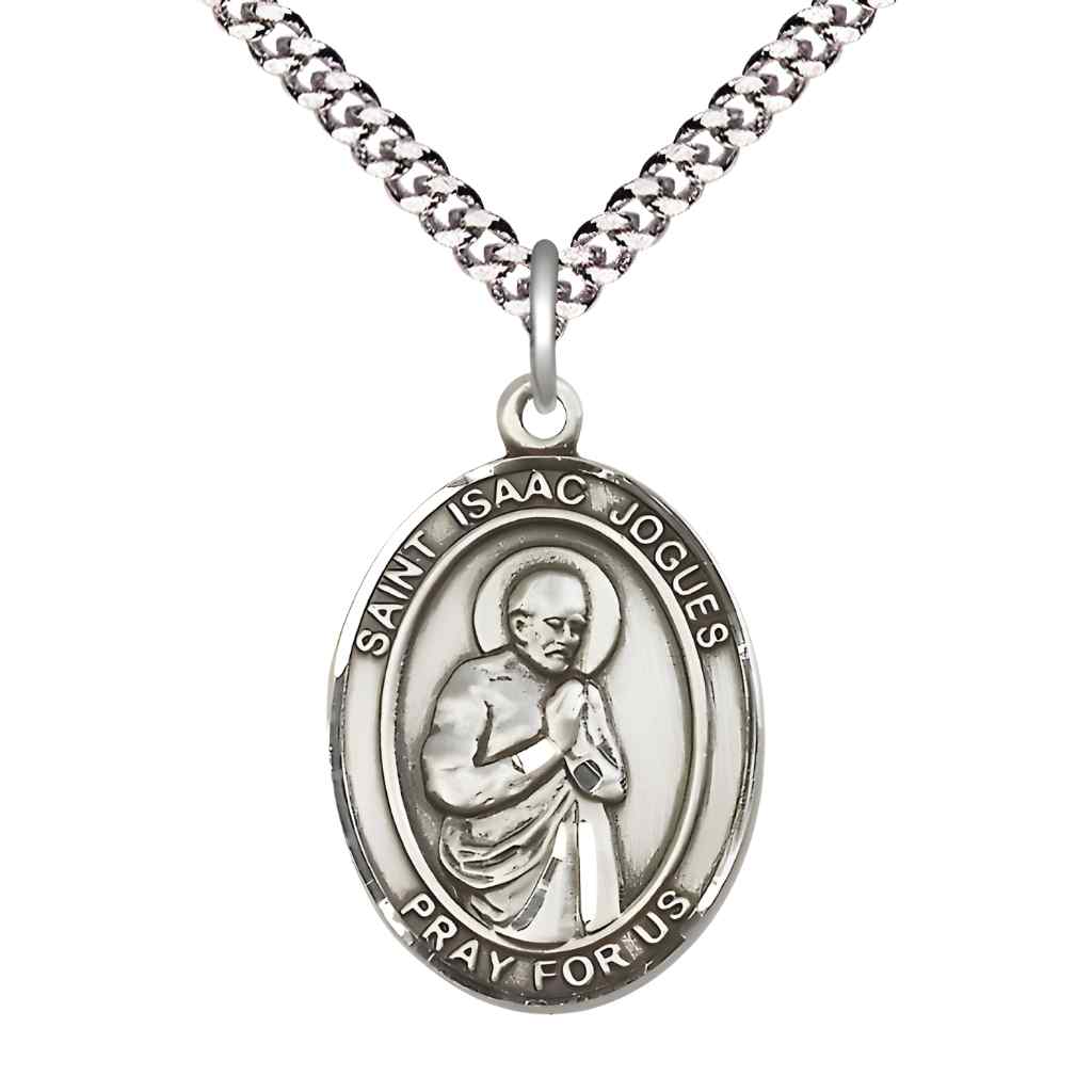 Large Saint Isaac Jogues Pewter Oval Medal Pendant with Rhodium-plated Curb Chain with Deluxe Gift Box | Bliss Manufacturing