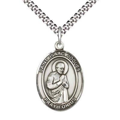 Large Saint Isaac Jogues Pewter Oval Medal Pendant with Rhodium-plated Curb Chain with Deluxe Gift Box | Bliss Manufacturing