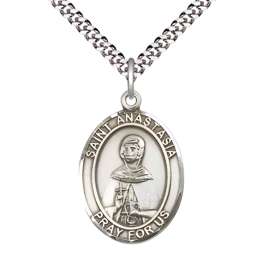 Large Saint Anastasia Pewter Oval Medal Pendant with 24" Rhodium-plated Curb Chain with Deluxe Gift Box | Bliss Manufacturing