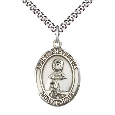 Large Saint Anastasia Pewter Oval Medal Pendant with 24" Rhodium-plated Curb Chain with Deluxe Gift Box | Bliss Manufacturing