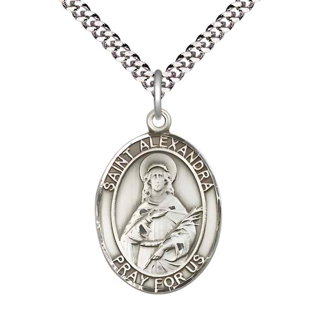 Large Saint Alexandra Pewter Oval Medal Pendant with 24" Rhodium-plated Curb Chain with Deluxe Gift Box | Bliss Manufacturing