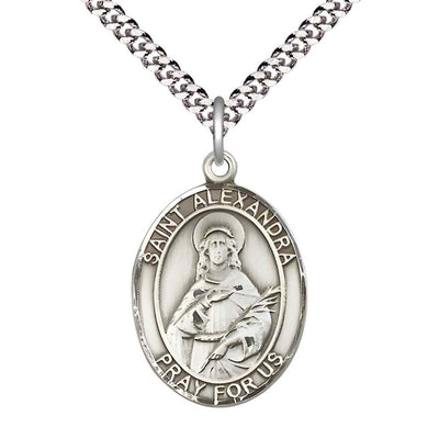 Large Saint Alexandra Pewter Oval Medal Pendant with 24" Rhodium-plated Curb Chain with Deluxe Gift Box | Bliss Manufacturing