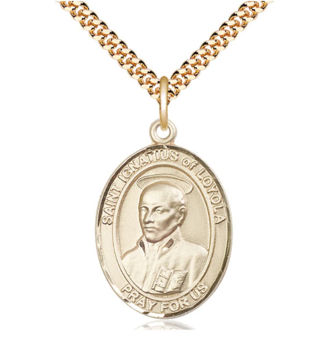 Bliss St Ignatius of Loyola Catholic Saint Large Gold-filled Medal with Plated Chain,