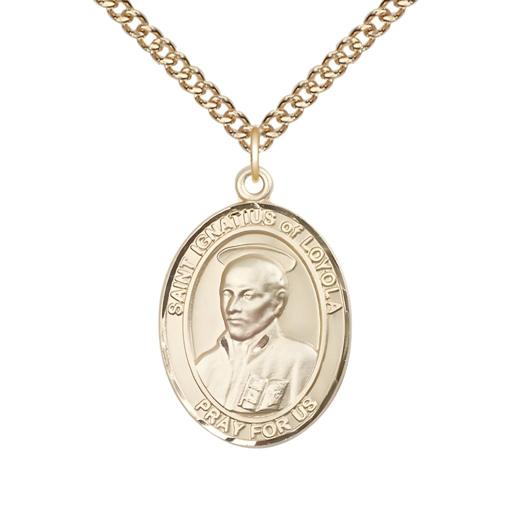 St Ignatius of Loyola 14kt Gold Oval Large Medal with 14kt Chain, Bliss Manufacturing