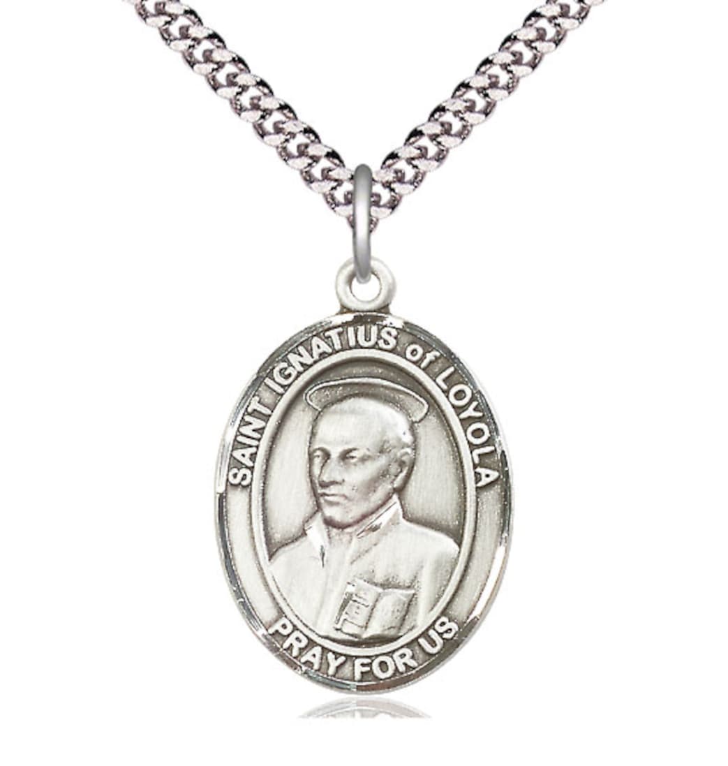 Bliss St Ignatius of Loyola Catholic Saint Large Pewter Medal with Plated Chain,