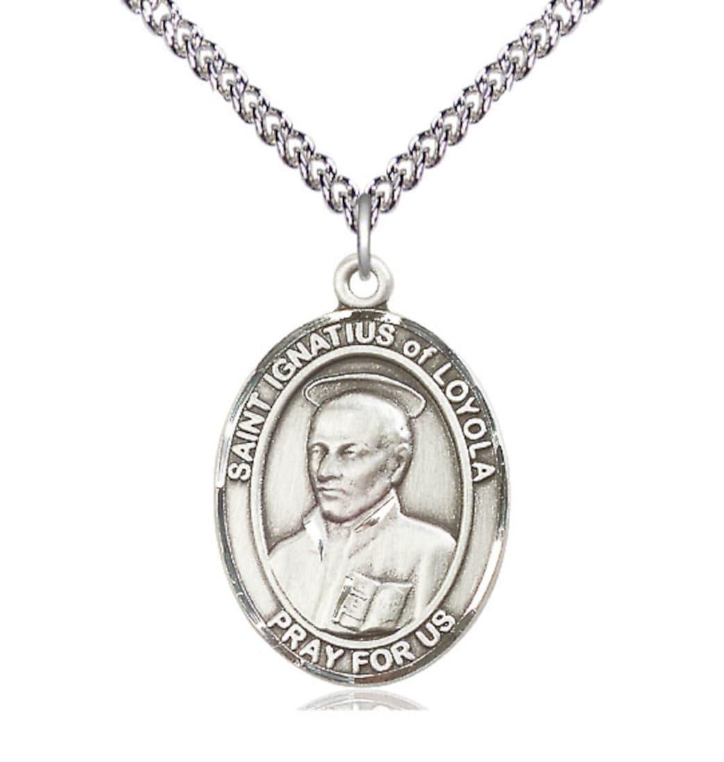 Bliss St Ignatius of Loyola Sterling Silver Oval Large Medal Necklace with Sterling Chain,