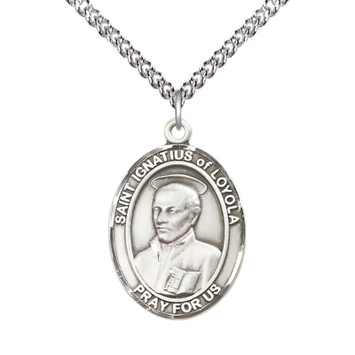 St Ignatius of Loyola Sterling Silver Oval Large Medal Necklace with Sterling Chain, Bliss Manufacturing