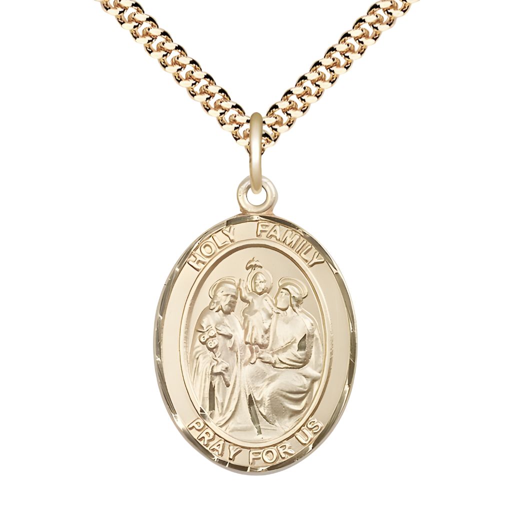 Bliss Holy Family Engravable 14kt Gold-filled Medal with Gold-plated Chain, Measures 1" tall x 3/4" wide