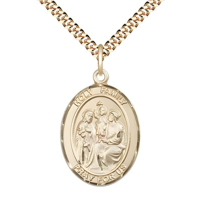 Holy Family Engravable 14kt Gold-filled Medal with Gold-plated Chain, Measures 1" tall x 3/4" wide, Bliss Manufacturing