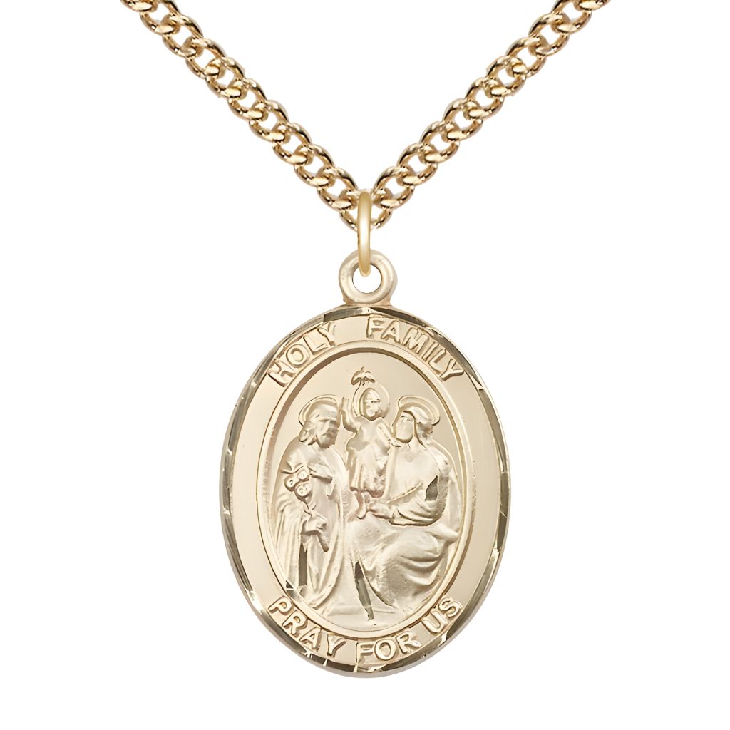 Bliss Holy Family Engravable 14kt Gold-filled Medal with Gold-filled Chain, Measures 1" tall x 3/4" wide