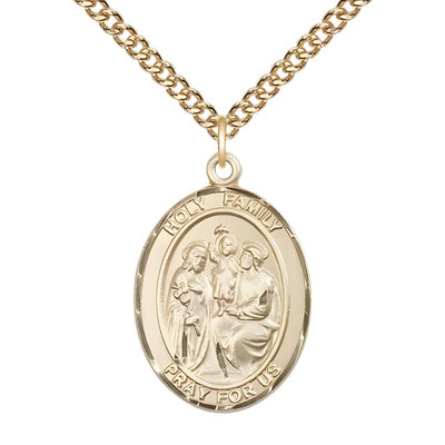 Holy Family Engravable 14kt Gold-filled Medal with Gold-filled Chain, Measures 1" tall x 3/4" wide, Bliss Manufacturing