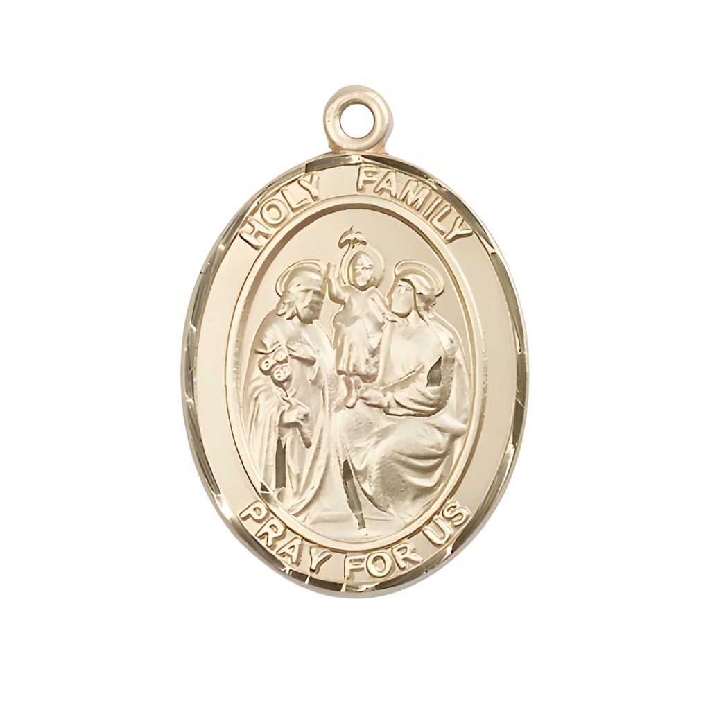 Bliss Holy Family Engravable Small 14kt Gold Medal, Measures 1" tall x 3/4" wide
