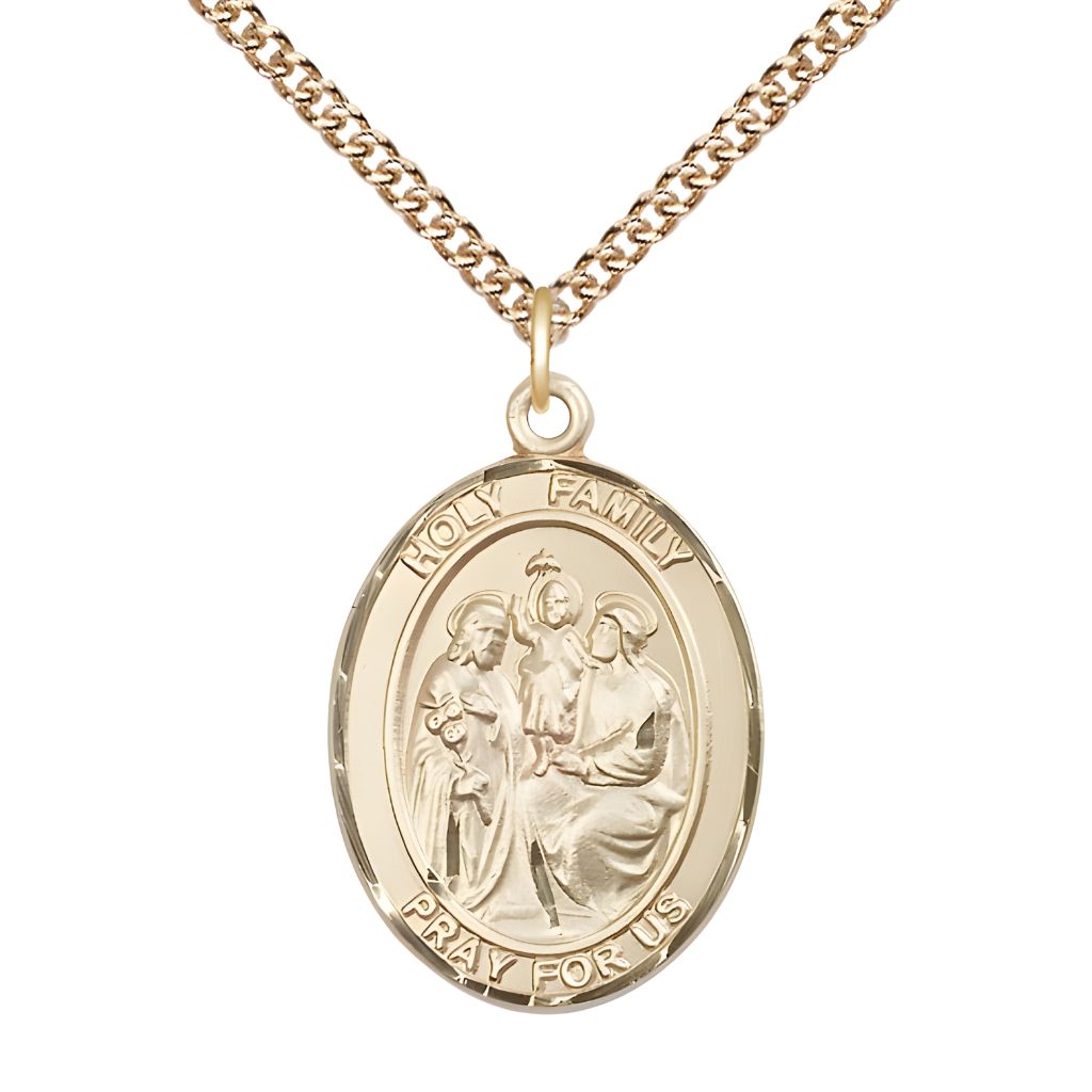 Bliss Holy Family Engravable Small 14kt Gold Medal with 14kt Gold Chain, Measures 1" tall x 3/4" wide